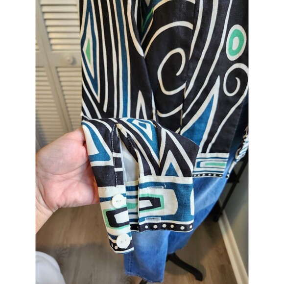 Transition Women's 100% Linen Jacket size 10 Blazer Geometric Black & Blue LNC - Picture 7 of 7